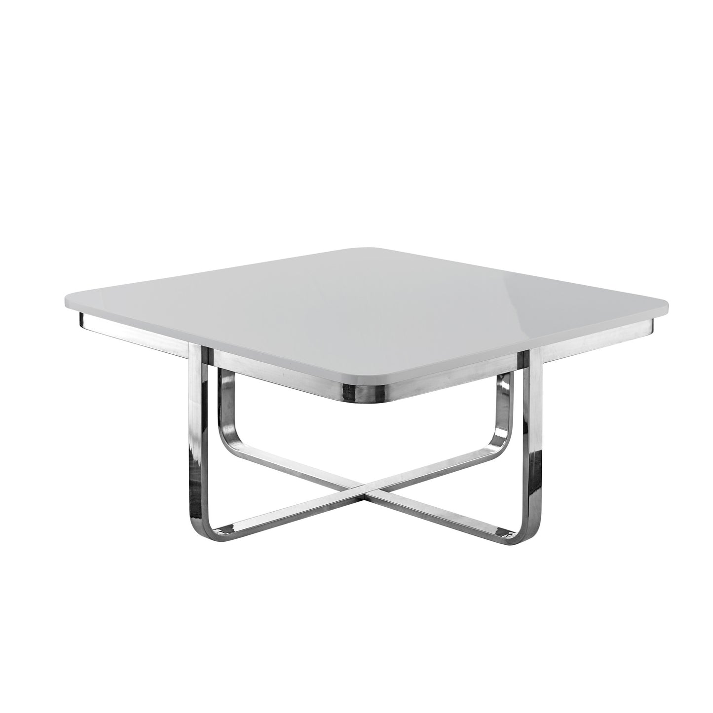 35" Light Gray And Silver Metallic Wood And Stainless Steel Square Coffee Table