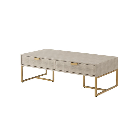 46" Cream And Gold Wood And Stainless Steel Coffee Table With Two Drawers