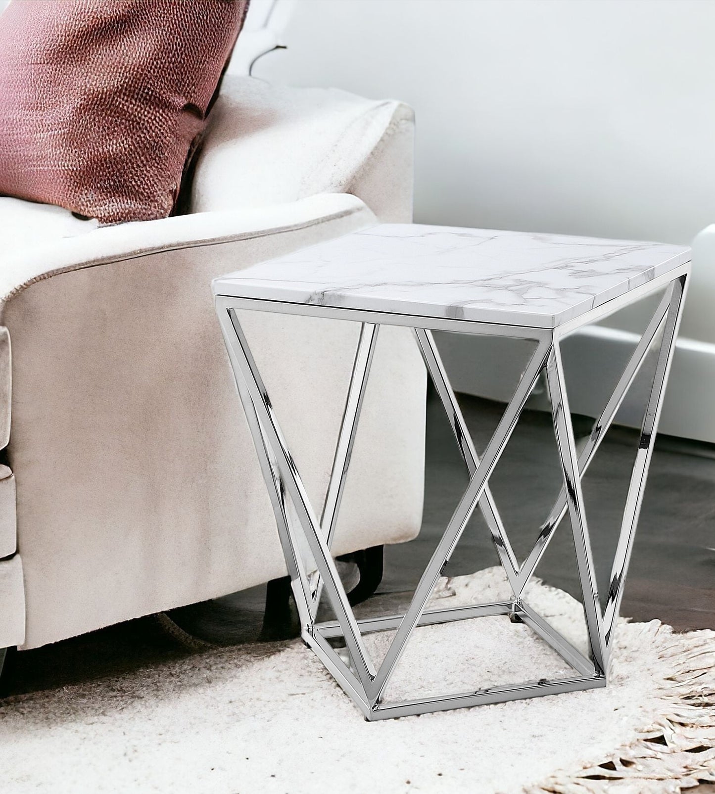 22" Gold And White Stone Square End Table