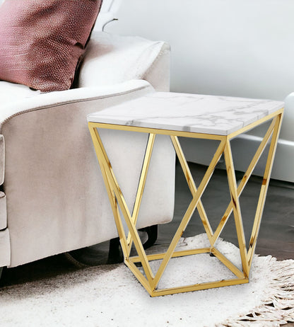 22" Gold And White Stone Square End Table