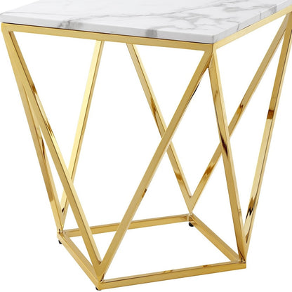 22" Gold And White Stone Square End Table