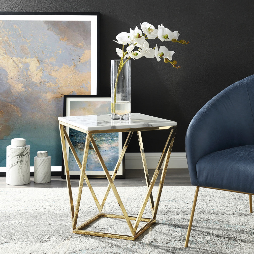 22" Gold And White Stone Square End Table