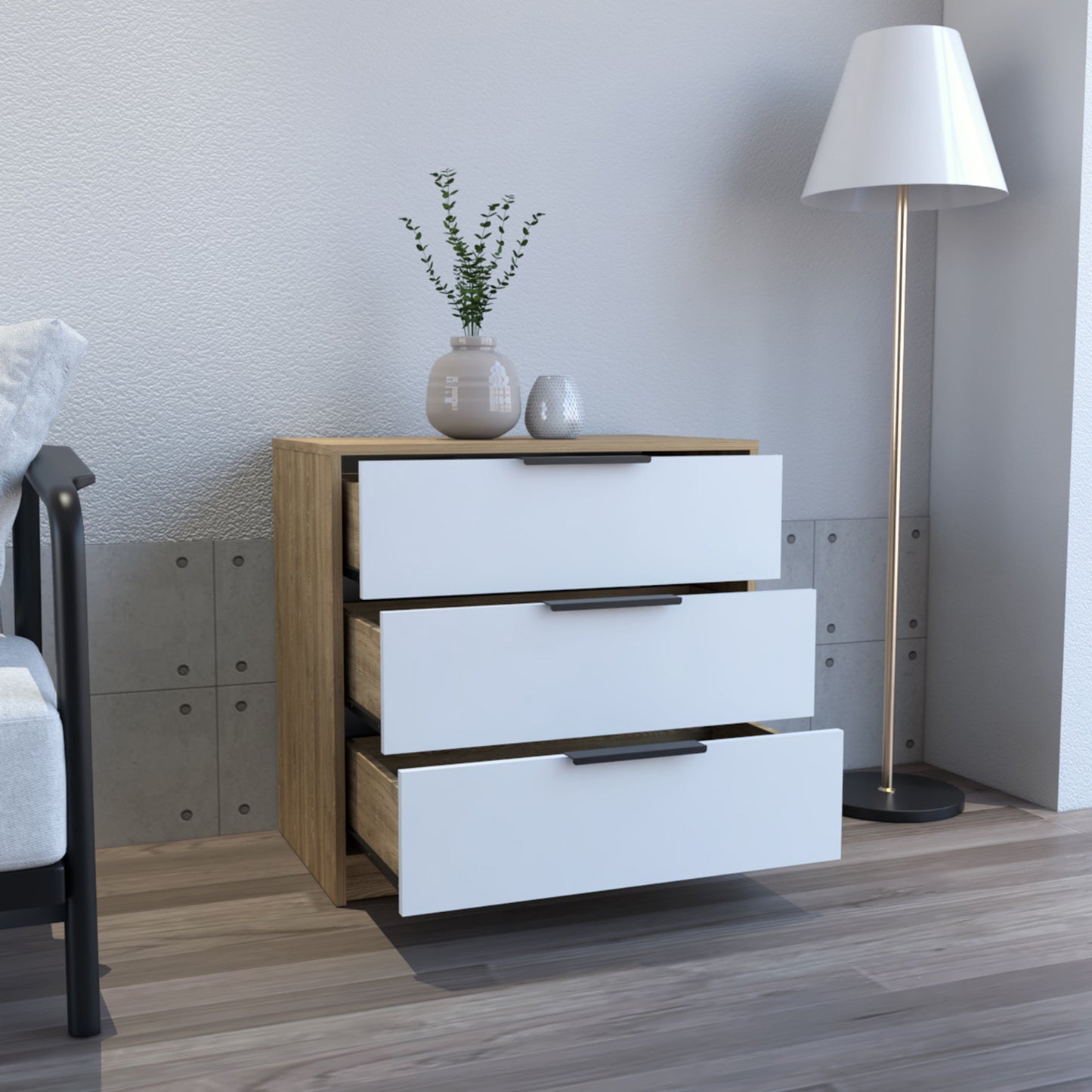 28" White and Natural Three Drawer Dresser