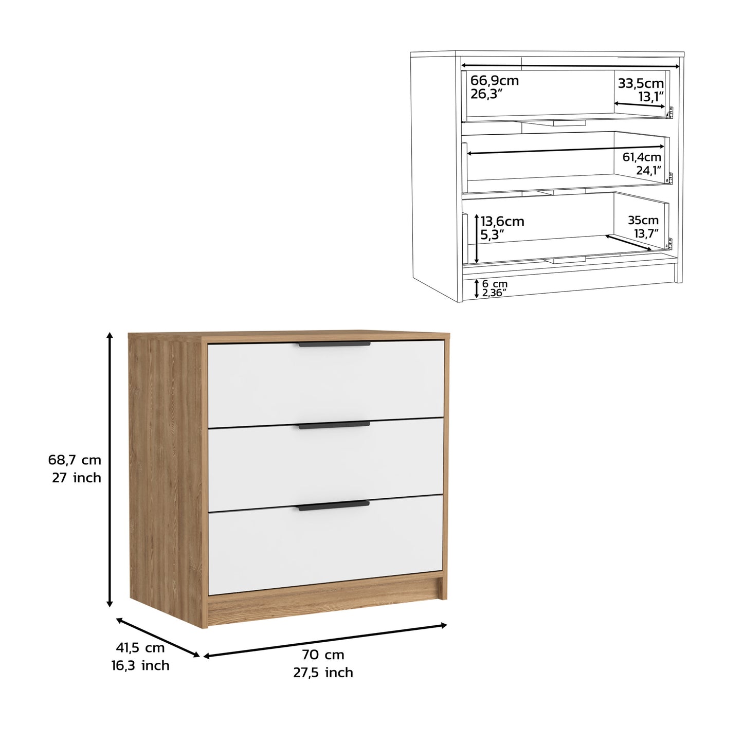 28" White and Natural Three Drawer Dresser