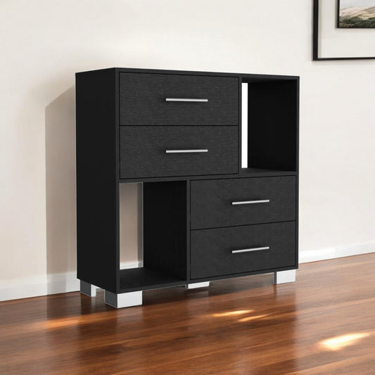 35" Black Four Drawer Dresser With Open Cubby Space