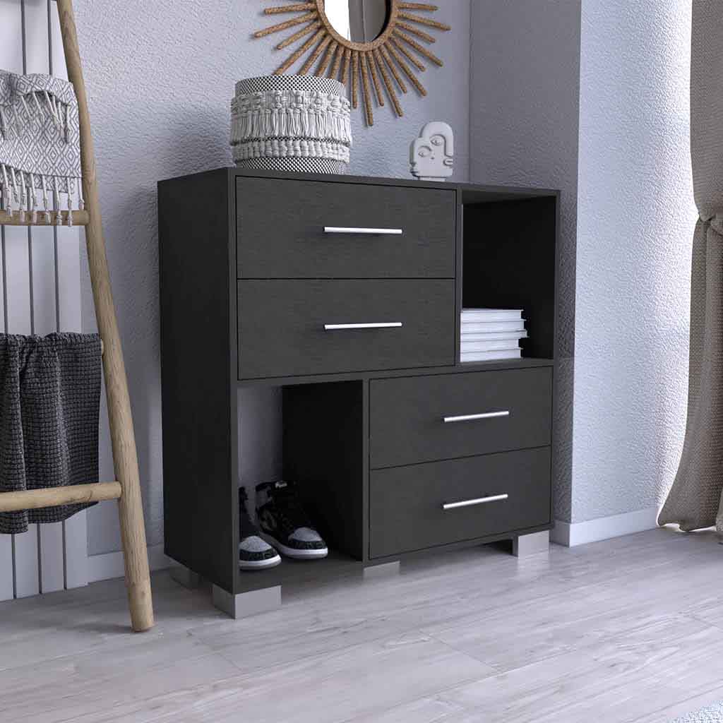 35" Black Four Drawer Dresser With Open Cubby Space