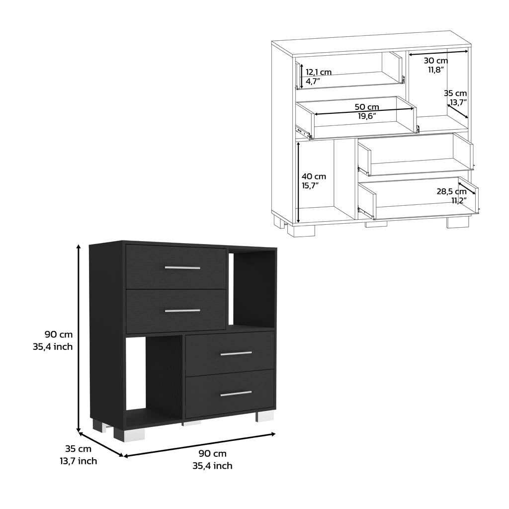 35" Black Four Drawer Dresser With Open Cubby Space