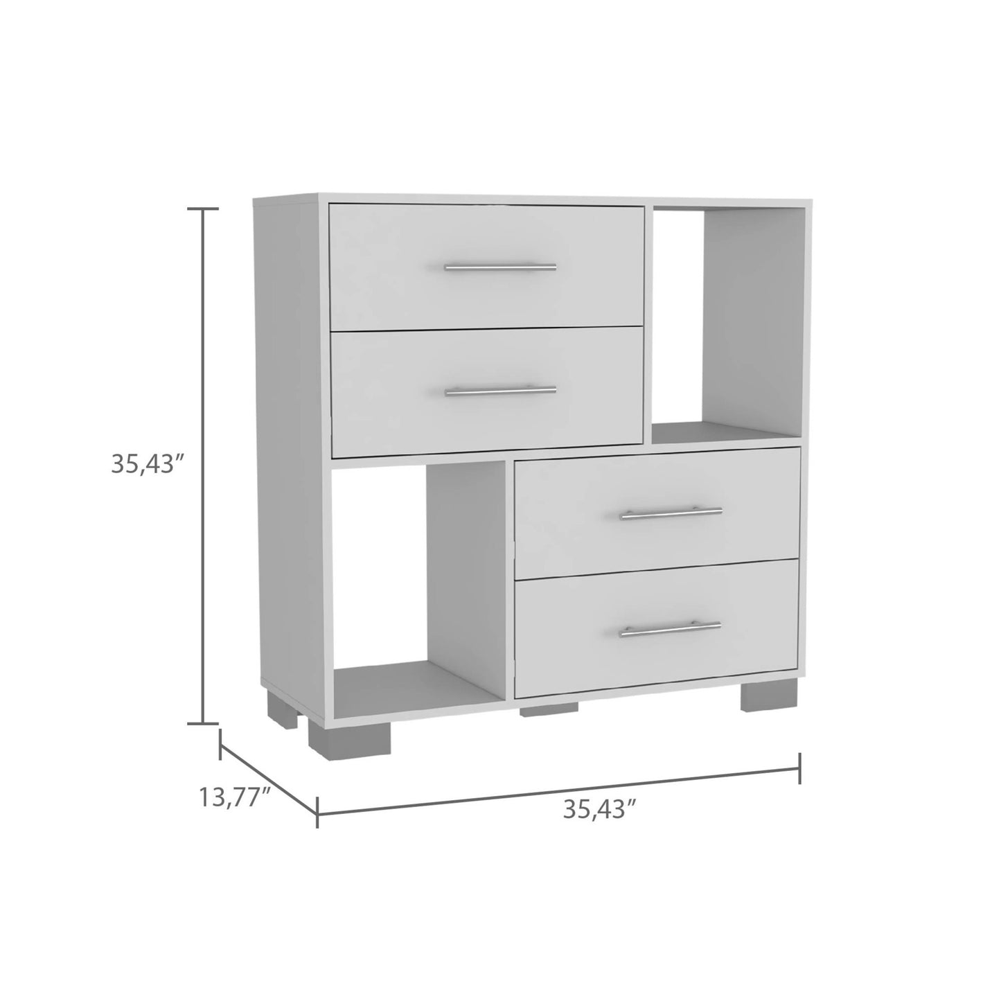 35" White Four Drawer Dresser With Open Cubby Space