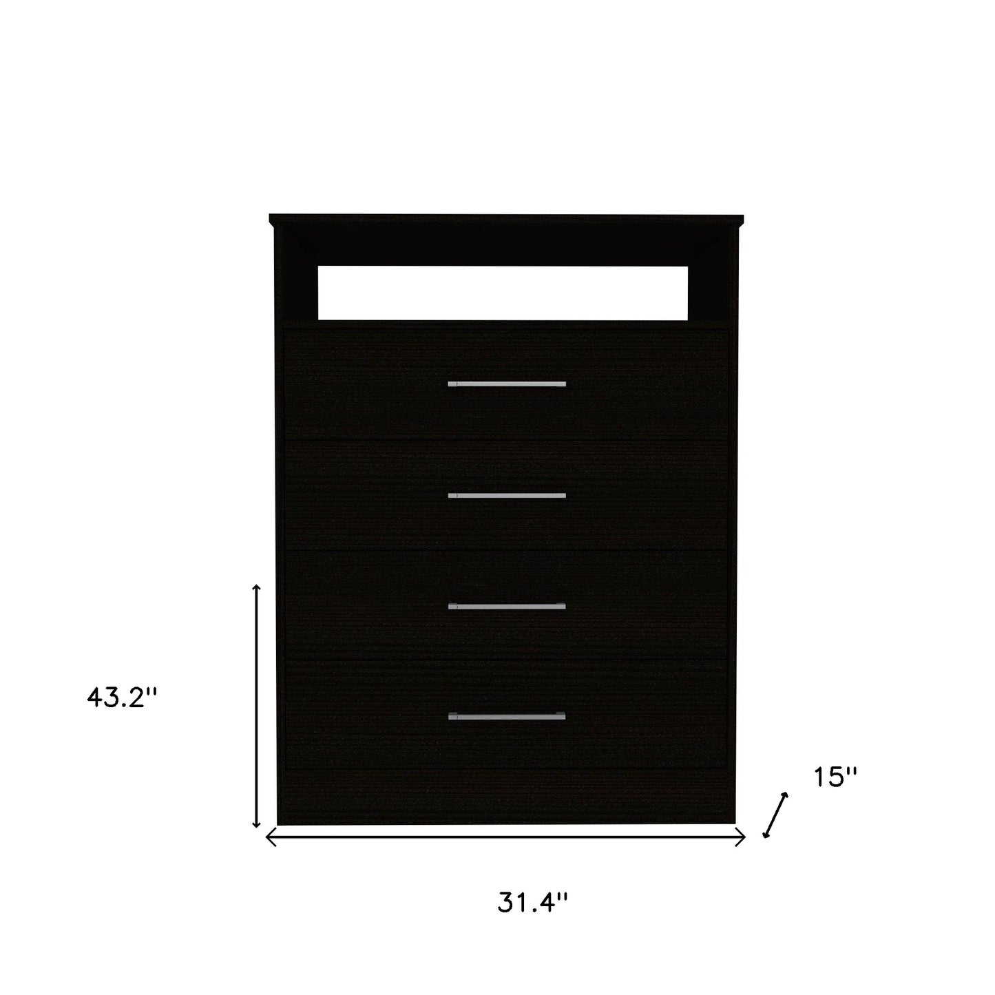 31" Black Four Drawer Dresser With Open Shelf