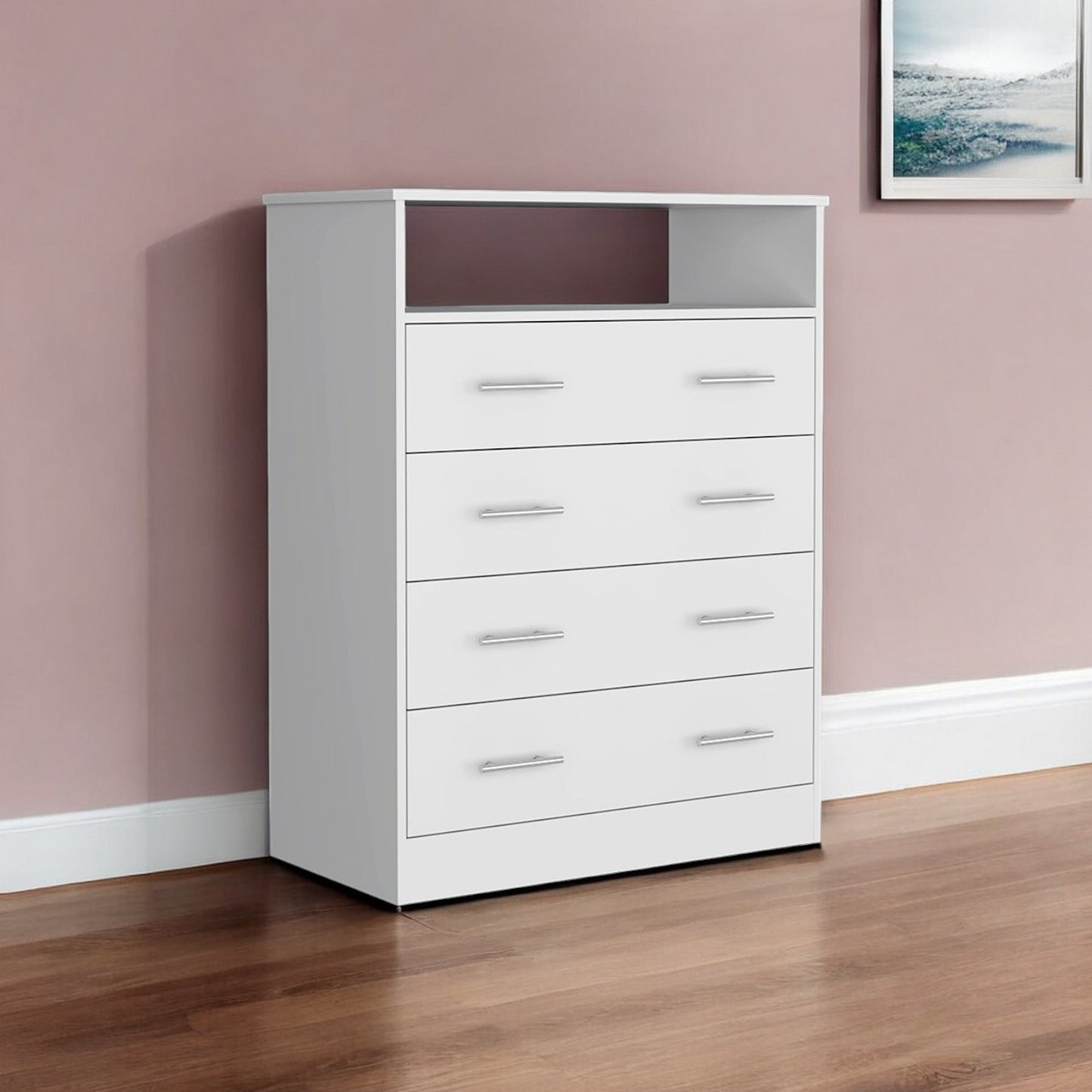 33" White Four Drawer Standard Chest With Open Shelf