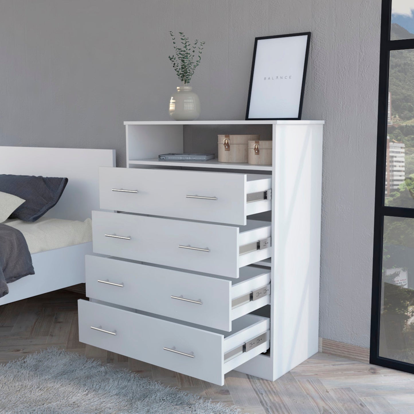 33" White Four Drawer Standard Chest With Open Shelf