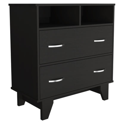 32" Black Two Drawer Dresser With Open Shelving