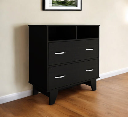 32" Black Two Drawer Dresser With Open Shelving