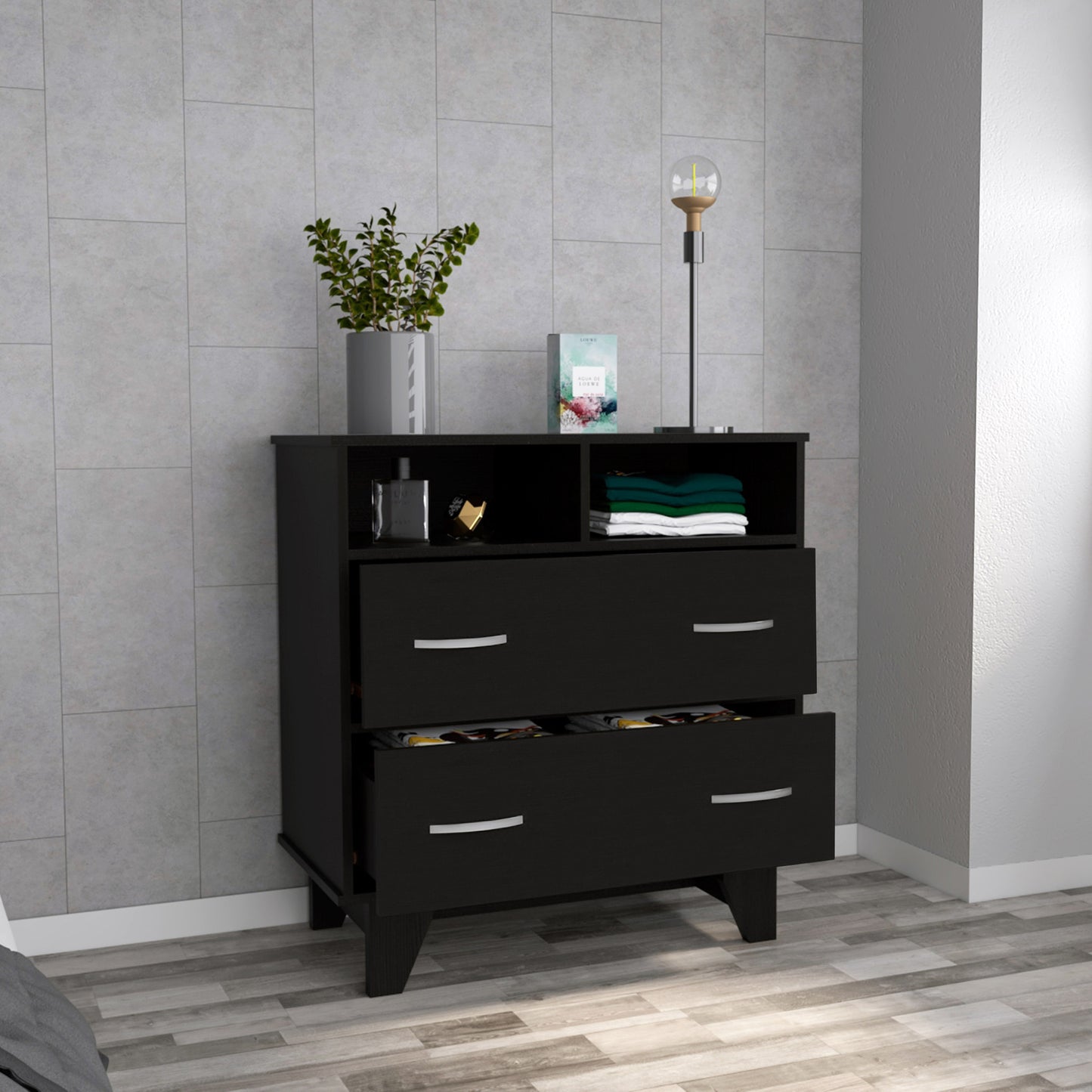 32" Black Two Drawer Dresser With Open Shelving