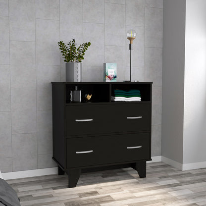 32" Black Two Drawer Dresser With Open Shelving