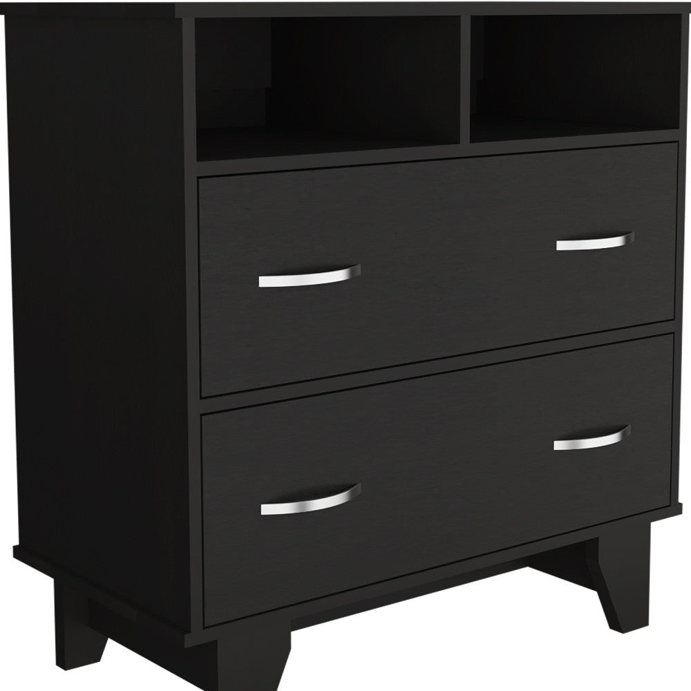 32" Black Two Drawer Dresser With Open Shelving