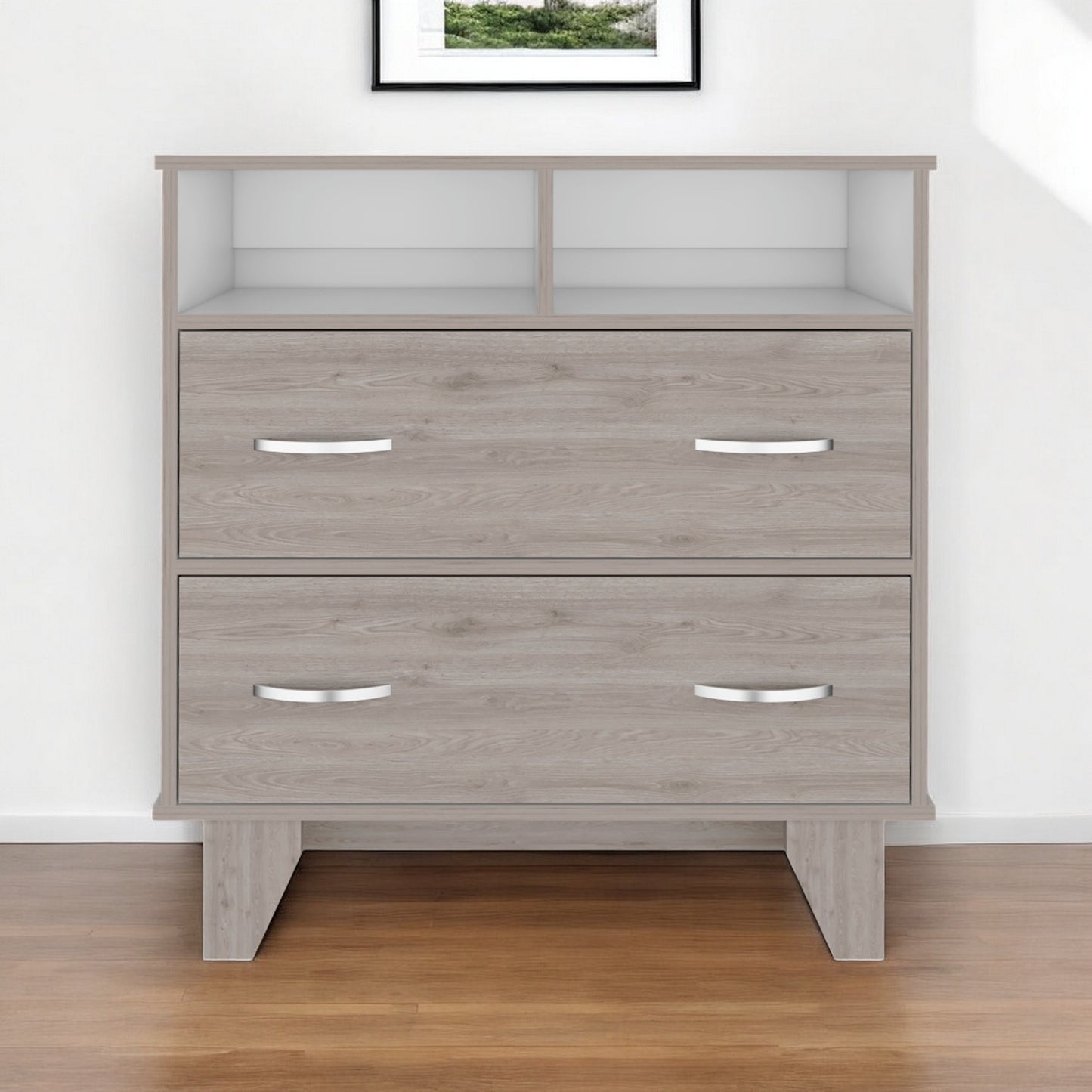 32" Light Gray Two Drawer Dresser With Open Shelving