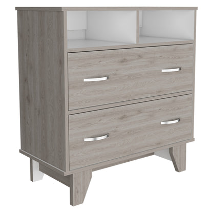 32" Light Gray Two Drawer Dresser With Open Shelving