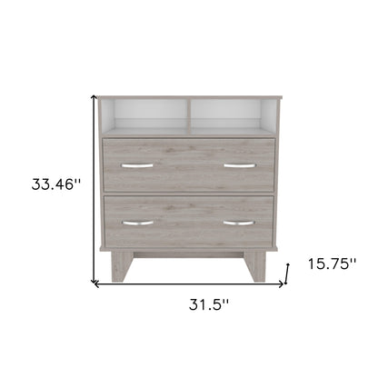 32" Light Gray Two Drawer Dresser With Open Shelving