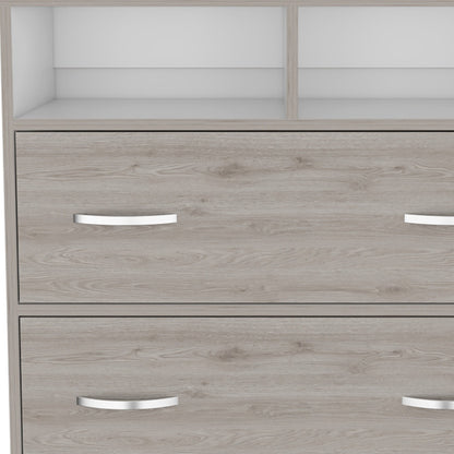 32" Light Gray Two Drawer Dresser With Open Shelving