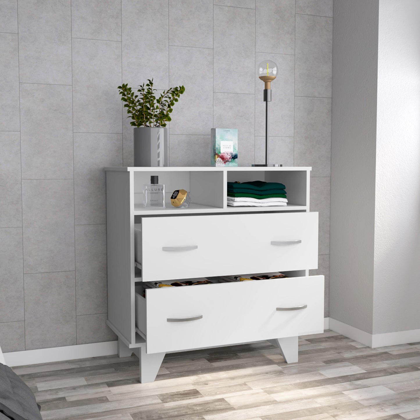 32" White Two Drawer Dresser With Open Shelving