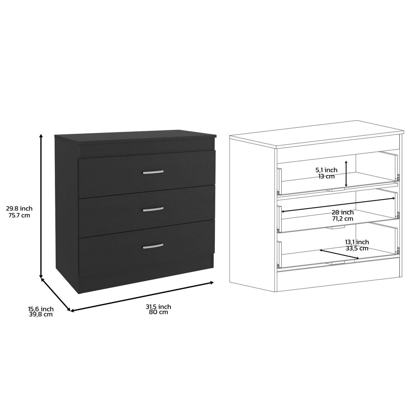 32" Black Three Drawer Dresser