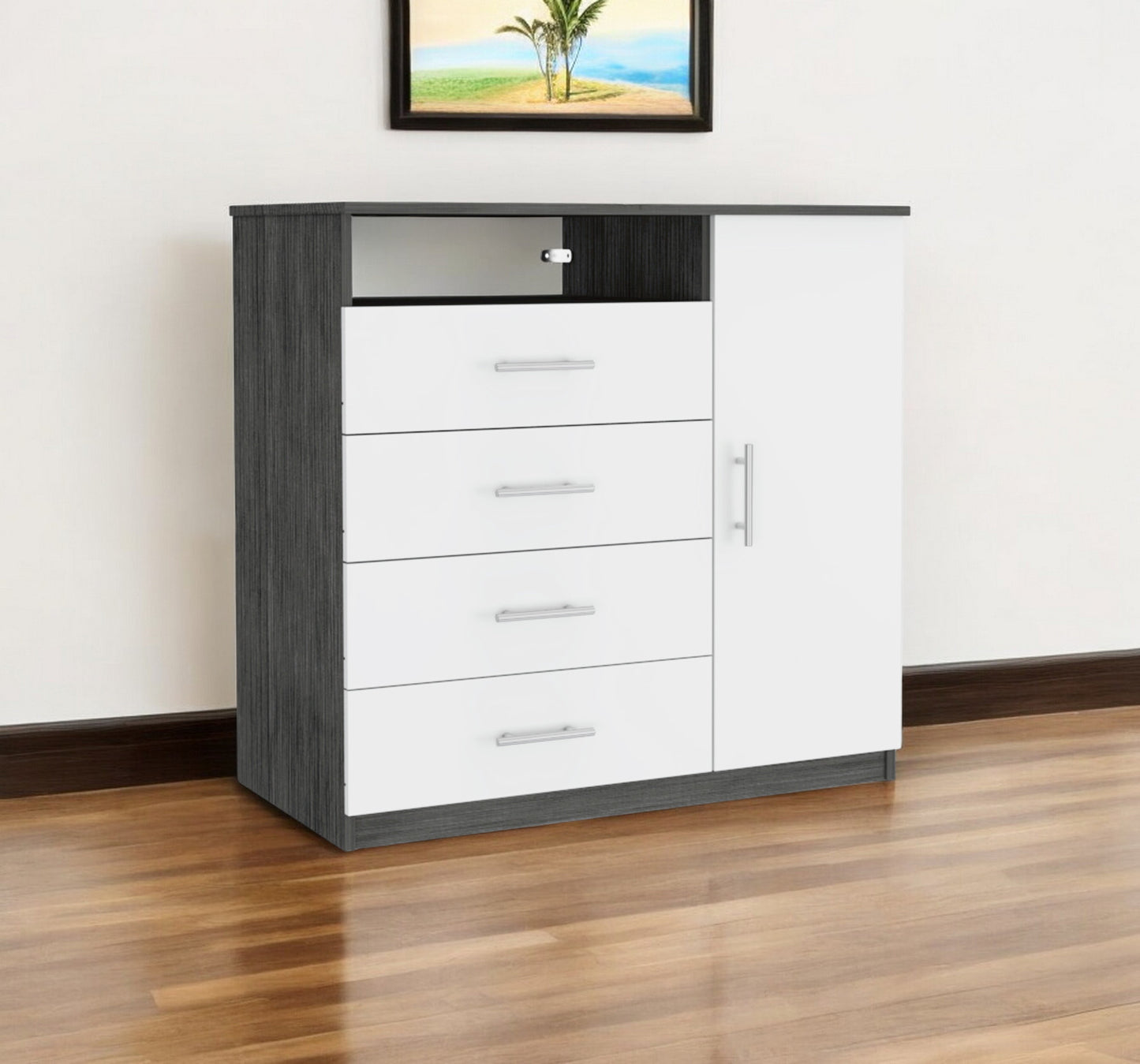 36" White and Gray Four Drawer Combo Dresser With Open Shelf