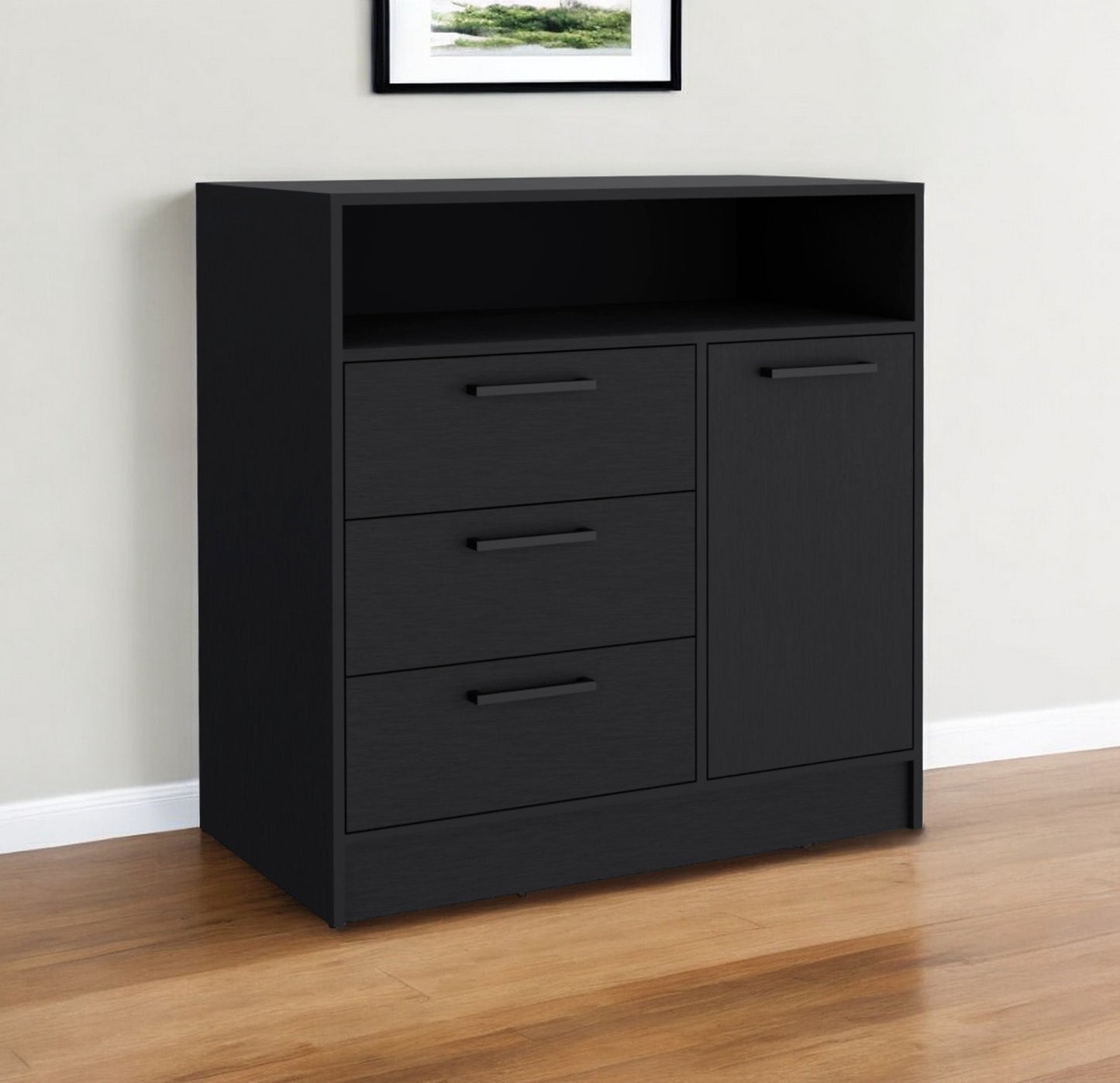 36" Black Three Drawer Combo Dresser With Open Shelf