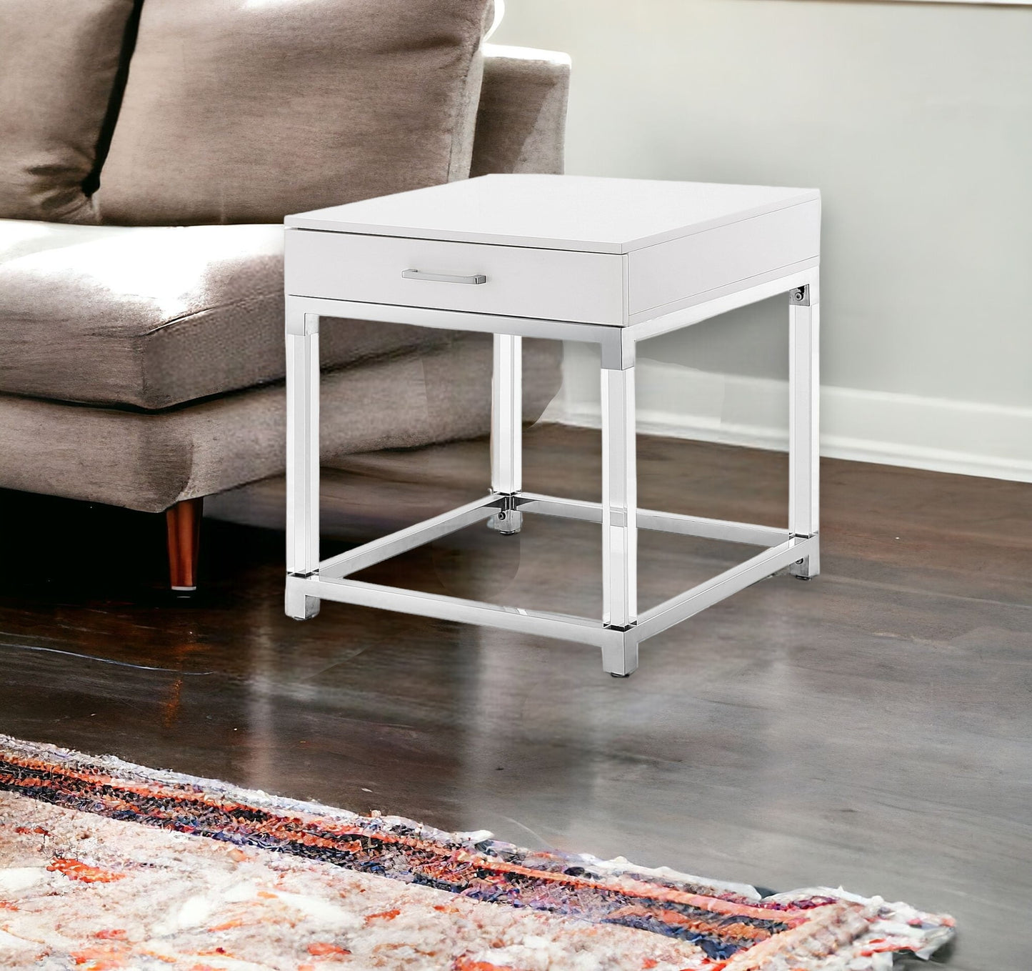 24" Silver Metallic And White Square End Table With Drawer