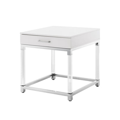 24" Silver Metallic And White Square End Table With Drawer