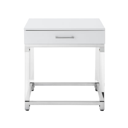 24" Silver Metallic And White Square End Table With Drawer