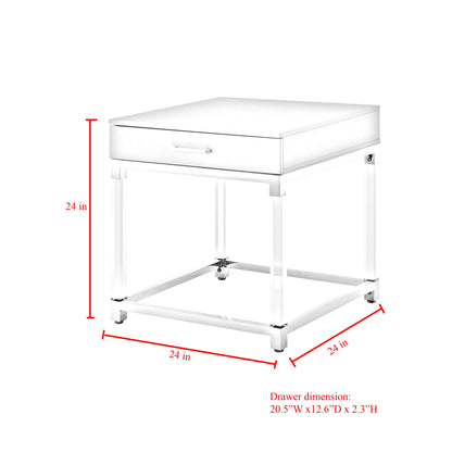 24" Silver Metallic And White Square End Table With Drawer