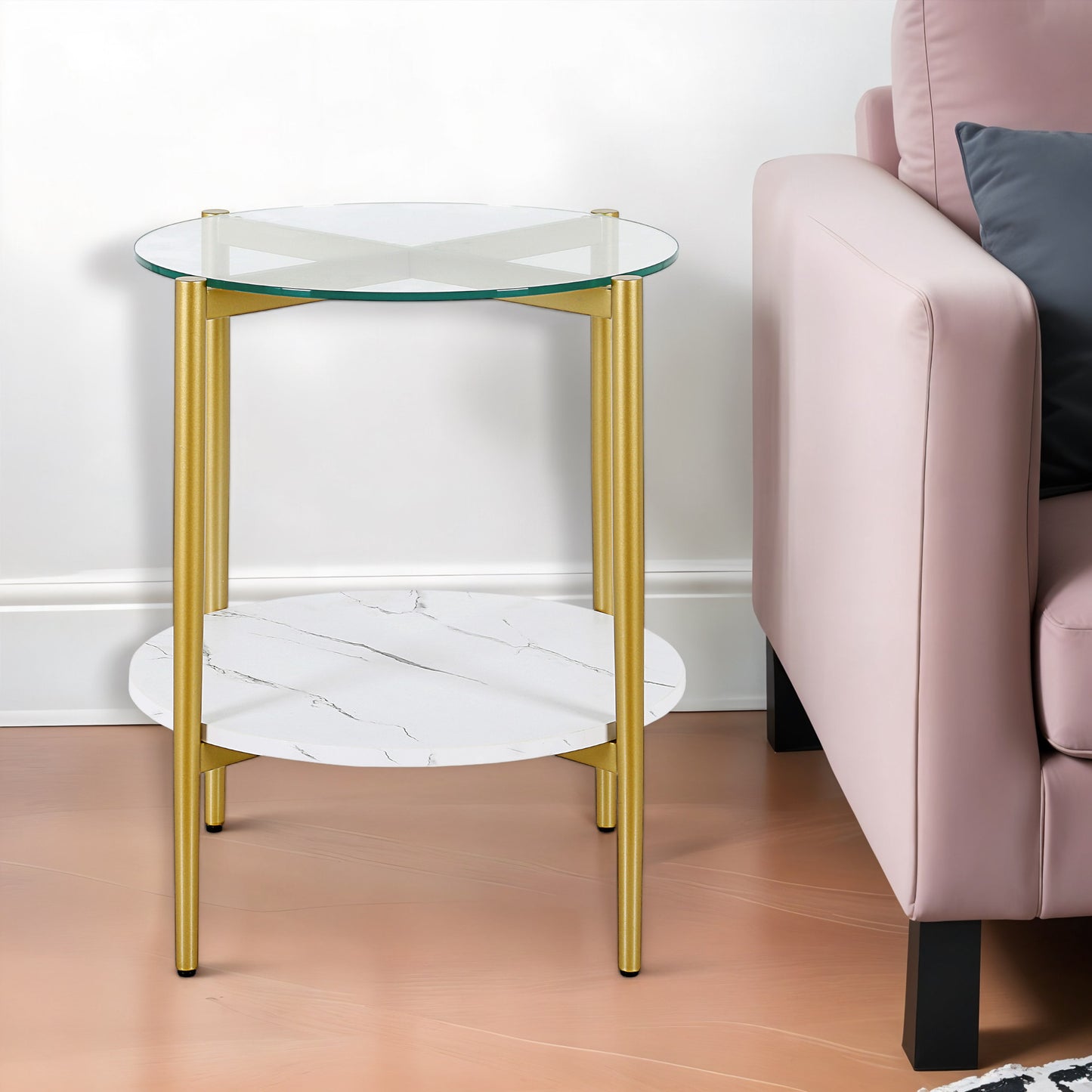 22" Gold And Clear Glass And Steel Round End Table With Shelf