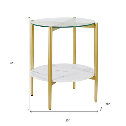 22" Gold And Clear Glass And Steel Round End Table With Shelf