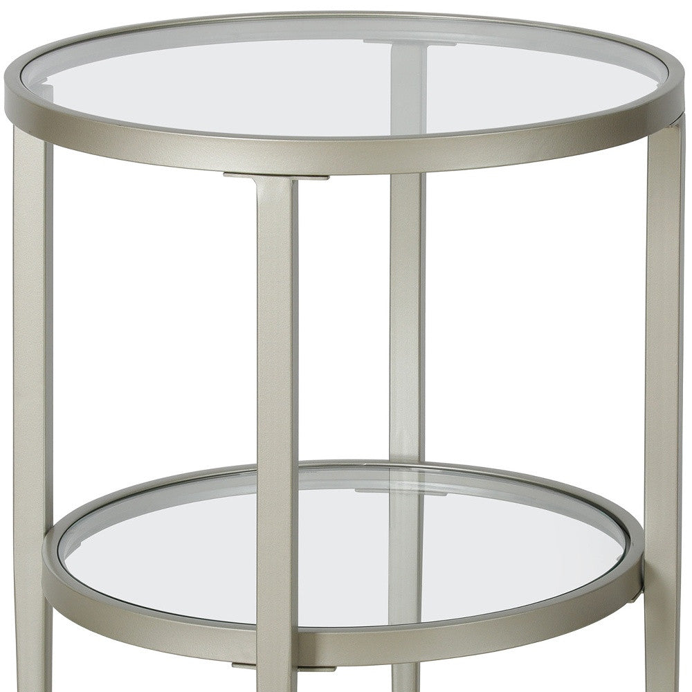 24" Nickel And Clear Glass And Steel Round End Table With Shelf