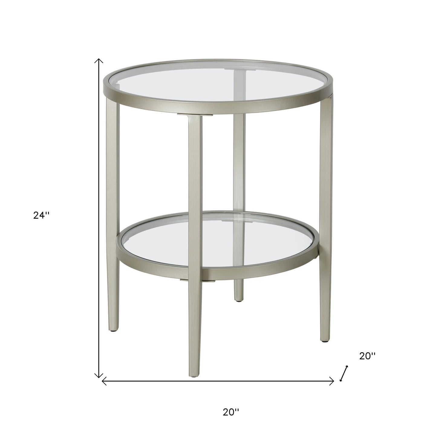 24" Nickel And Clear Glass And Steel Round End Table With Shelf