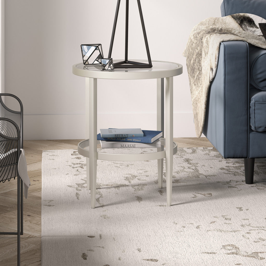 24" Nickel And Clear Glass And Steel Round End Table With Shelf