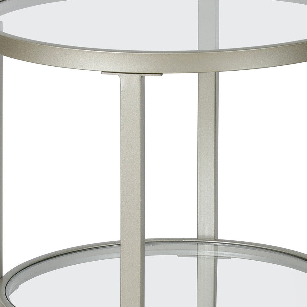 24" Nickel And Clear Glass And Steel Round End Table With Shelf