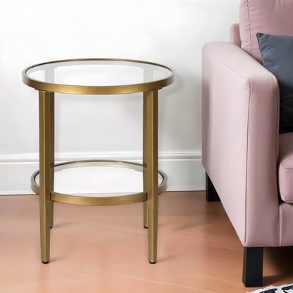 24" Antiqued Brass And Clear Glass And Steel Round End Table With Shelf