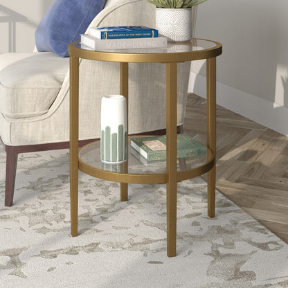 24" Antiqued Brass And Clear Glass And Steel Round End Table With Shelf