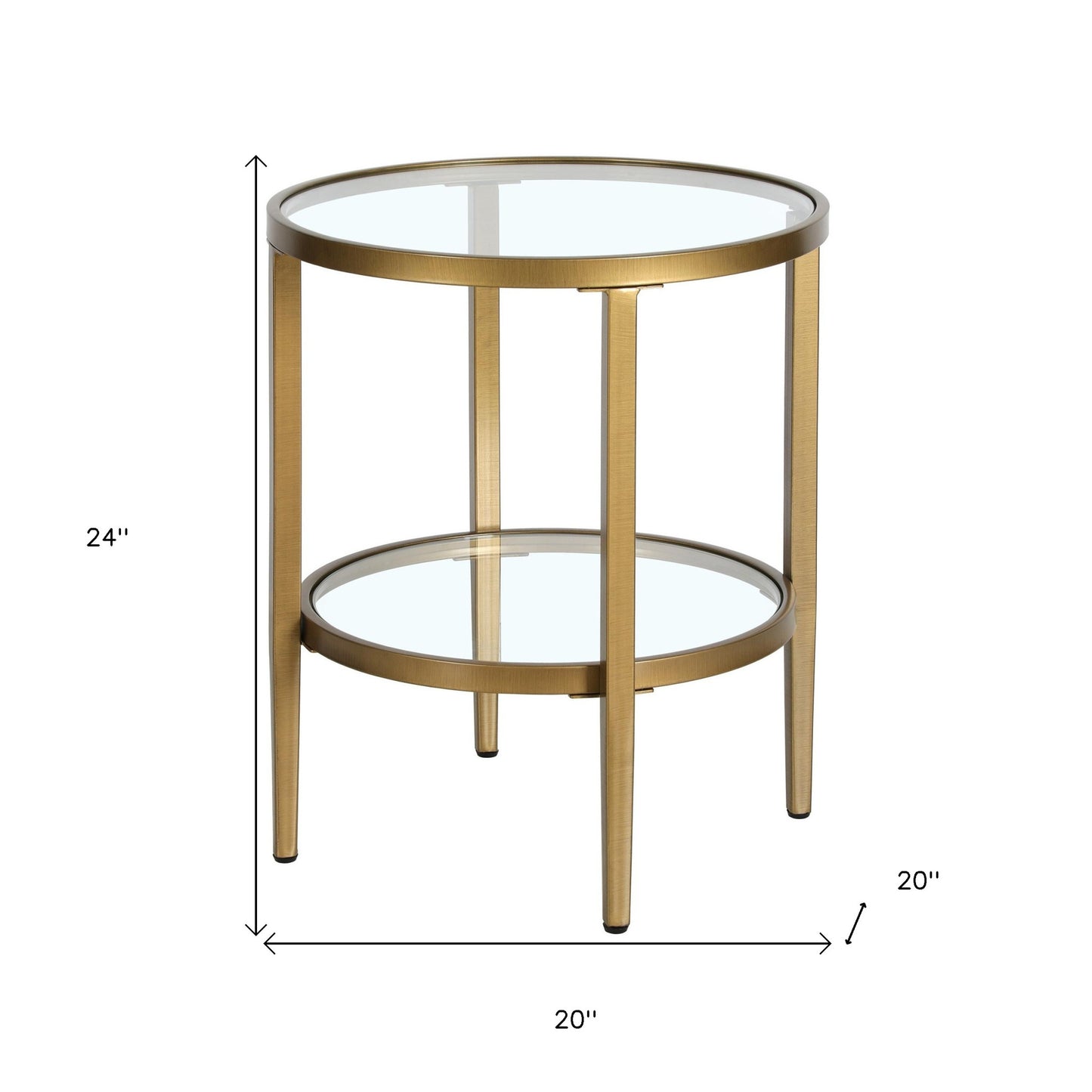 24" Antiqued Brass And Clear Glass And Steel Round End Table With Shelf