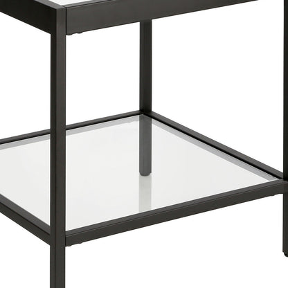 22" Black And Clear Glass And Steel Square End Table With Shelf