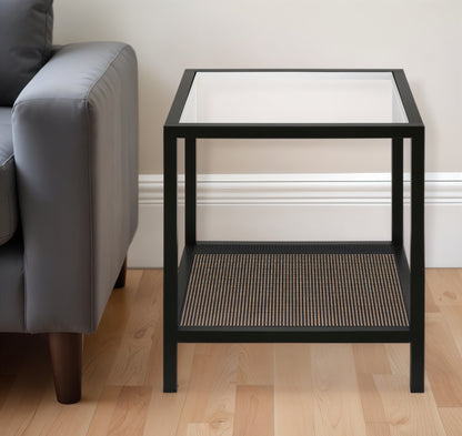 22" Black And Clear Glass And Steel Square End Table With Shelf