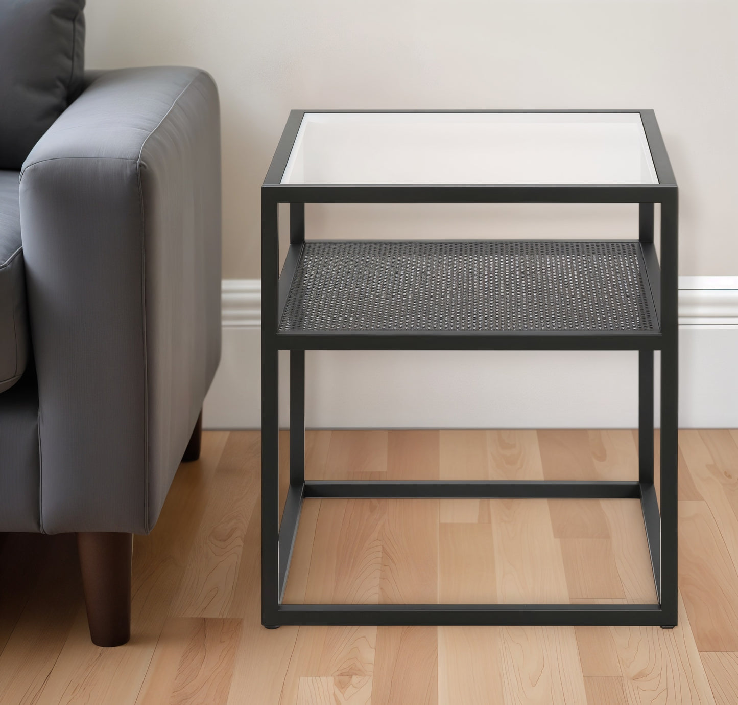 22" Black And Clear Glass And Steel Square End Table With Shelf