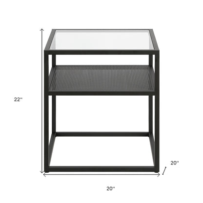 22" Black And Clear Glass And Steel Square End Table With Shelf