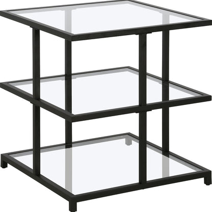 24" Black And Clear Glass And Steel Square End Table With Two Shelves