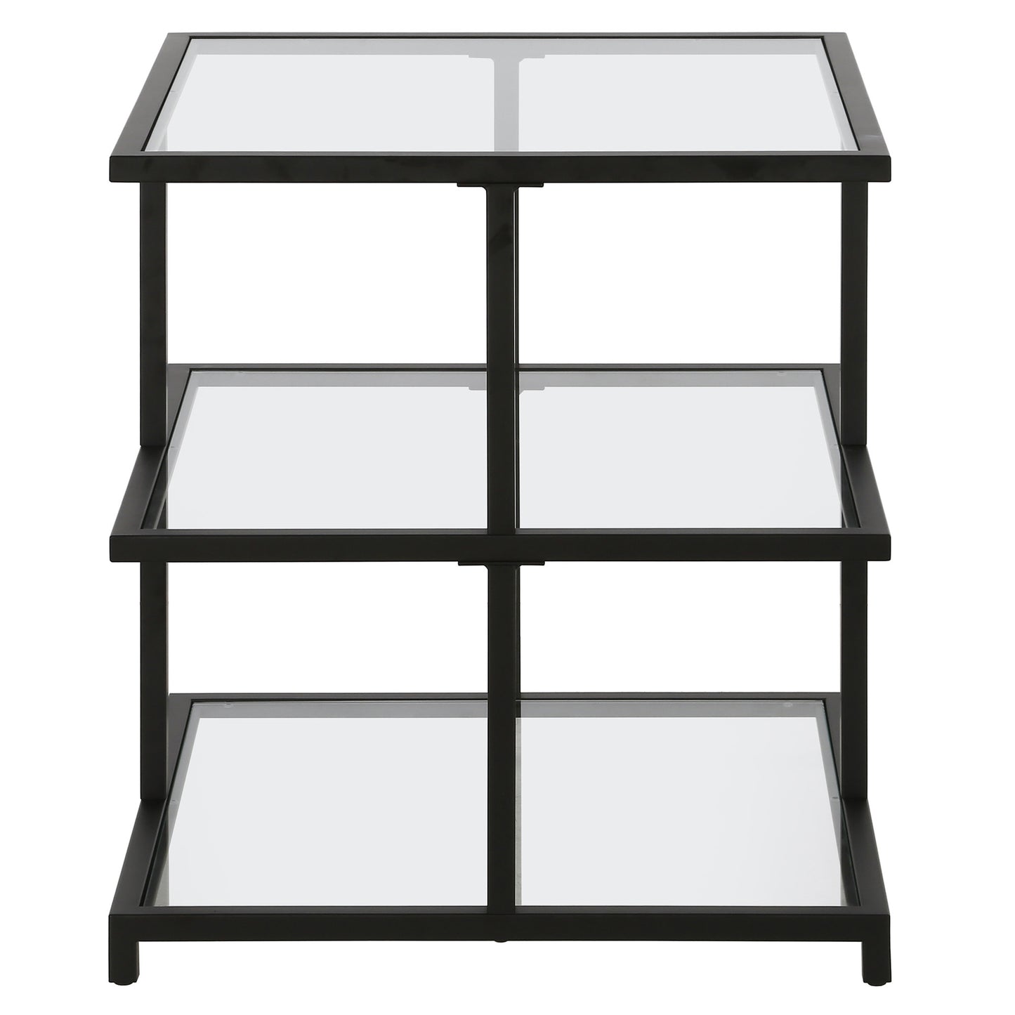 24" Black And Clear Glass And Steel Square End Table With Two Shelves