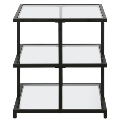 24" Black And Clear Glass And Steel Square End Table With Two Shelves