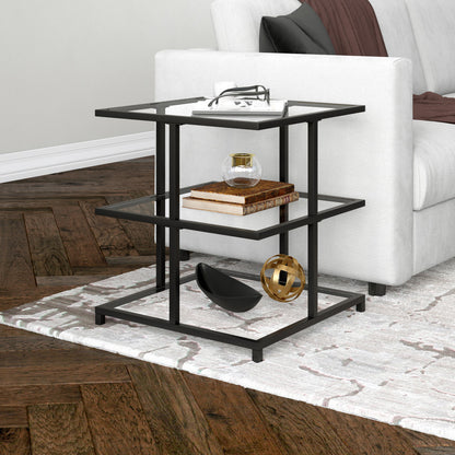 24" Black And Clear Glass And Steel Square End Table With Two Shelves