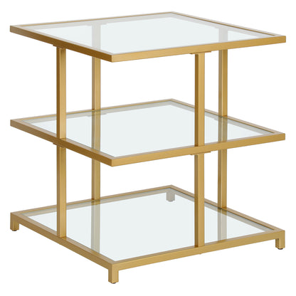 24" Brass And Clear Glass And Steel Square End Table With Two Shelves